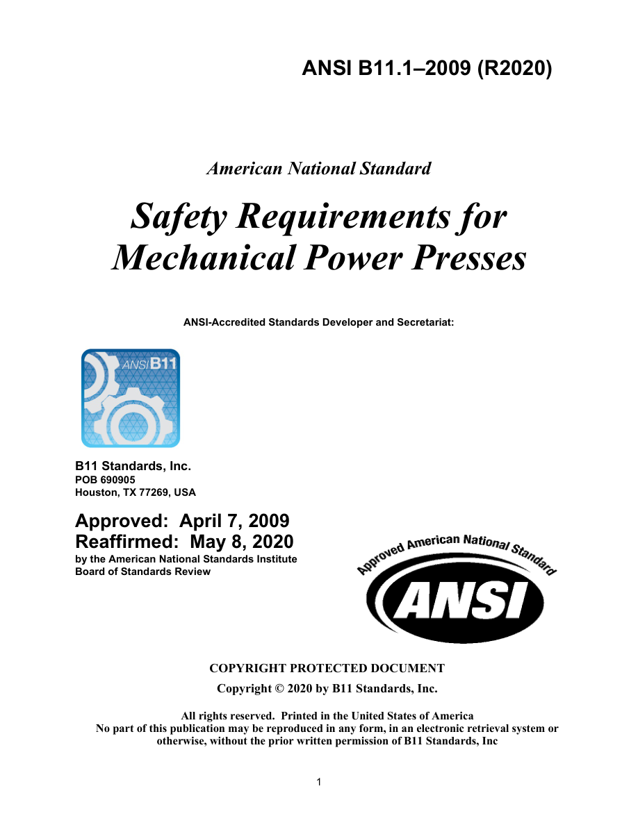 B11 ANSI B11.1-2009 (R2020) PDF Preview