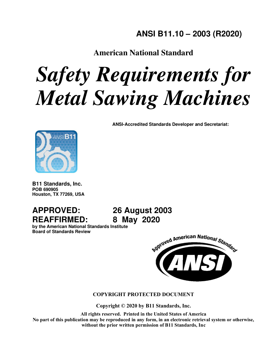 B11 ANSI B11.10-2003 (R2020) PDF Preview