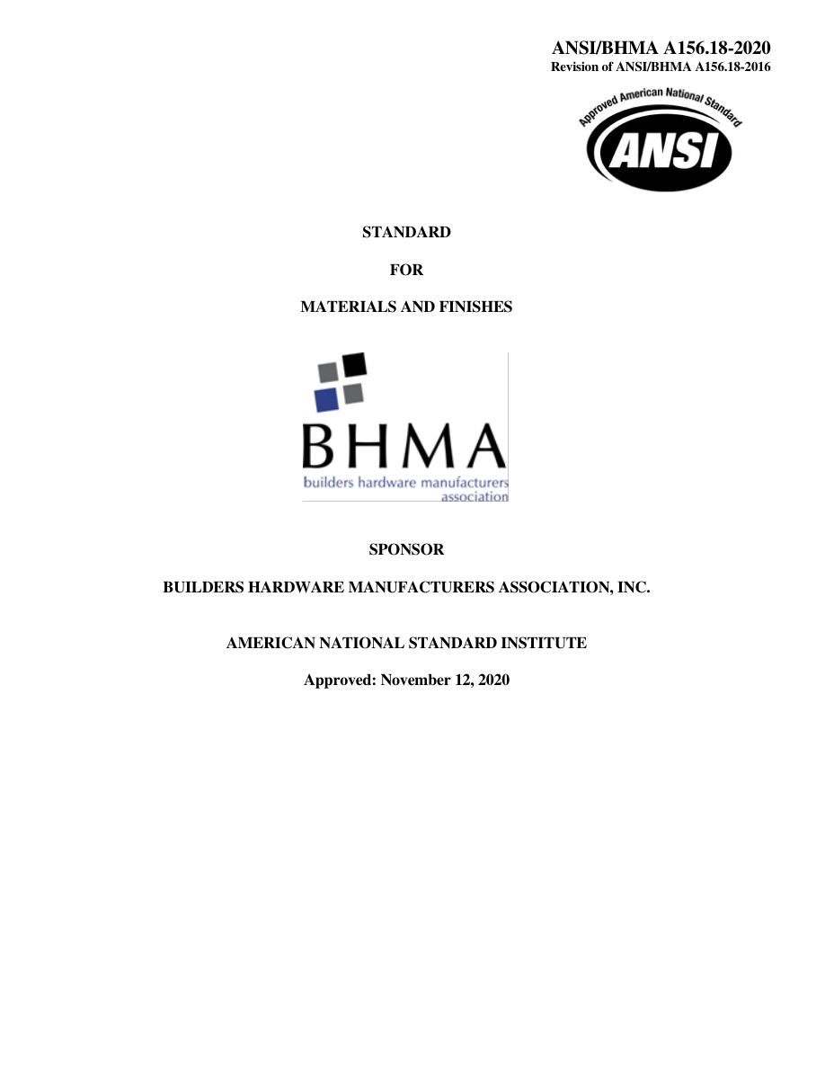 BHMA ANSI/BHMA A156.18-2020 PDF Preview