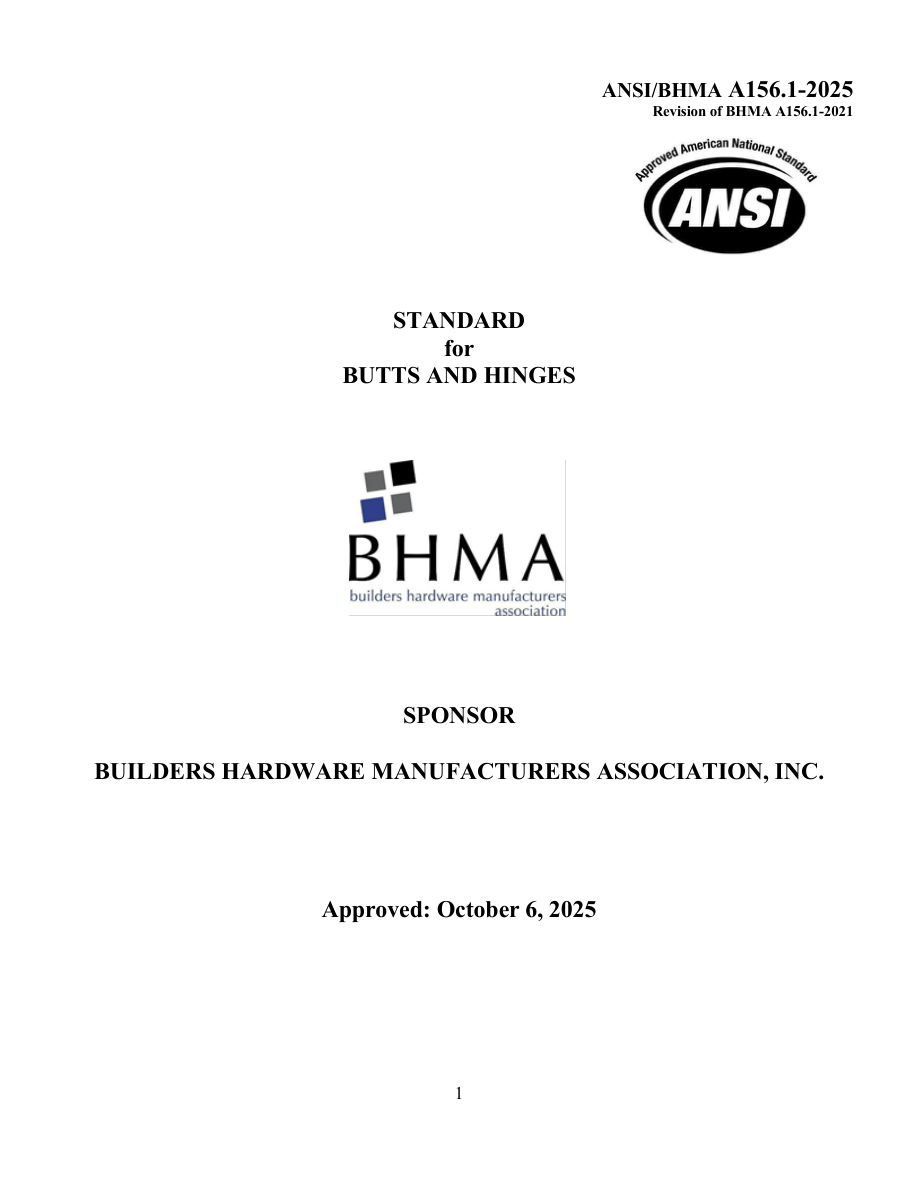 BHMA ANSI/BHMA A156.1-2025 PDF Preview