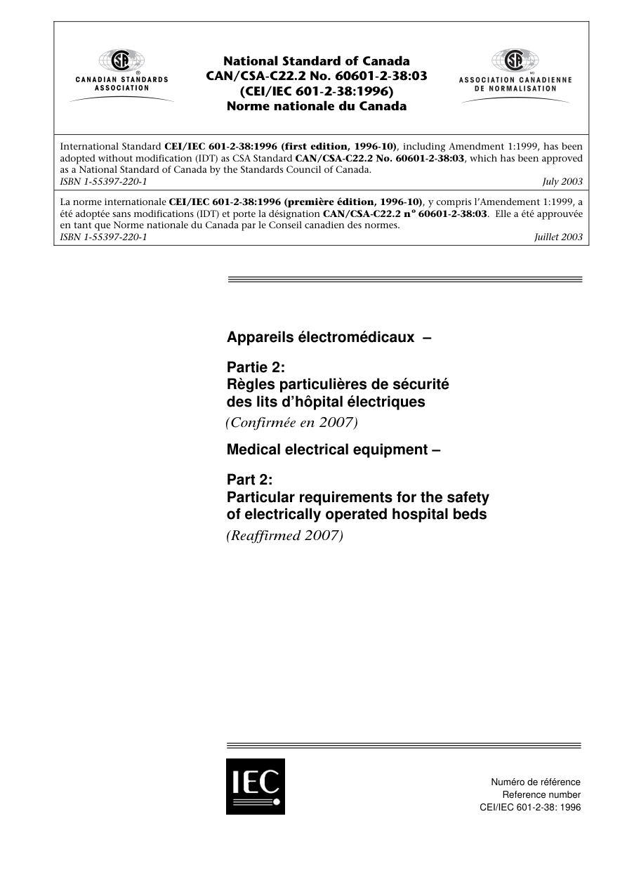 CSA CAN/CSA-C22.2 NO. 60601-2-38-03 (R2007) PDF Preview