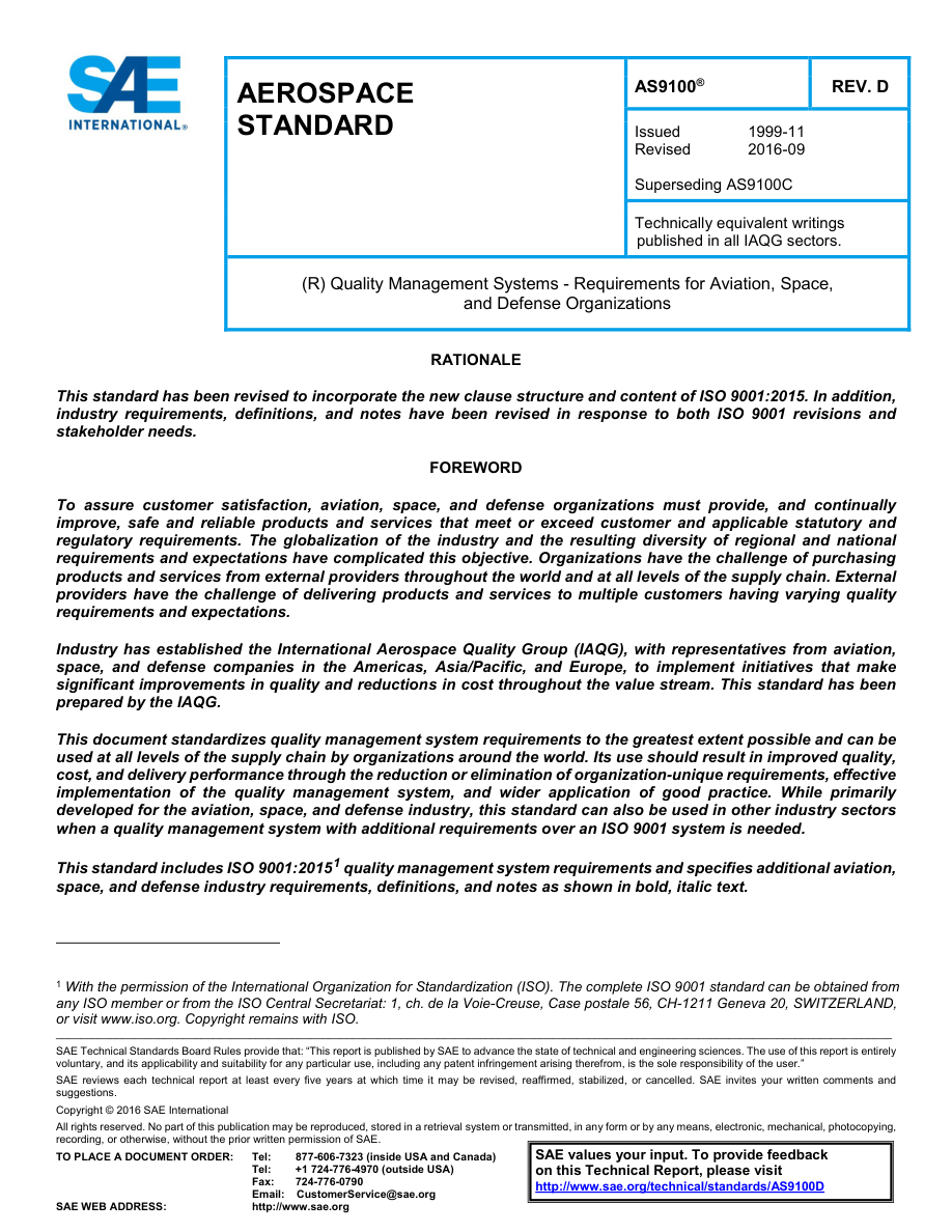 SAE AS9100 Rev D PDF Preview